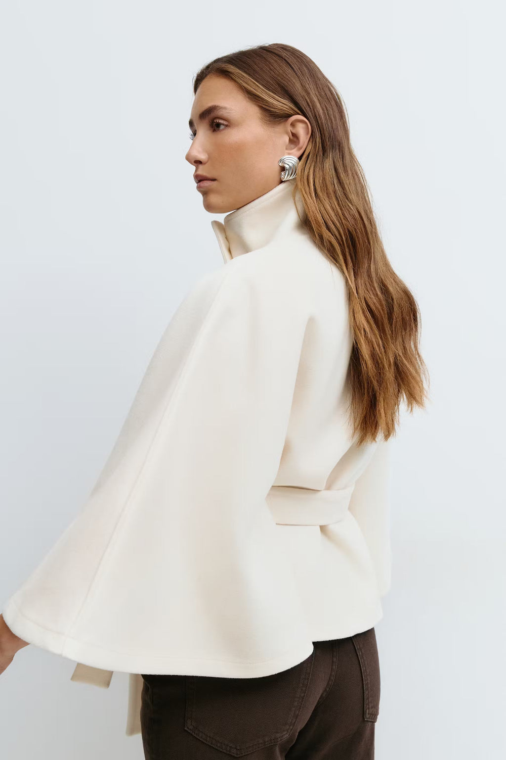 Elegant Wool Jacket for Women with Funnel Neck Batwing Sleeve Belted Cape Style - Susan & Anne