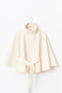 Elegant Wool Jacket for Women with Funnel Neck Batwing Sleeve Belted Cape Style - Susan & Anne