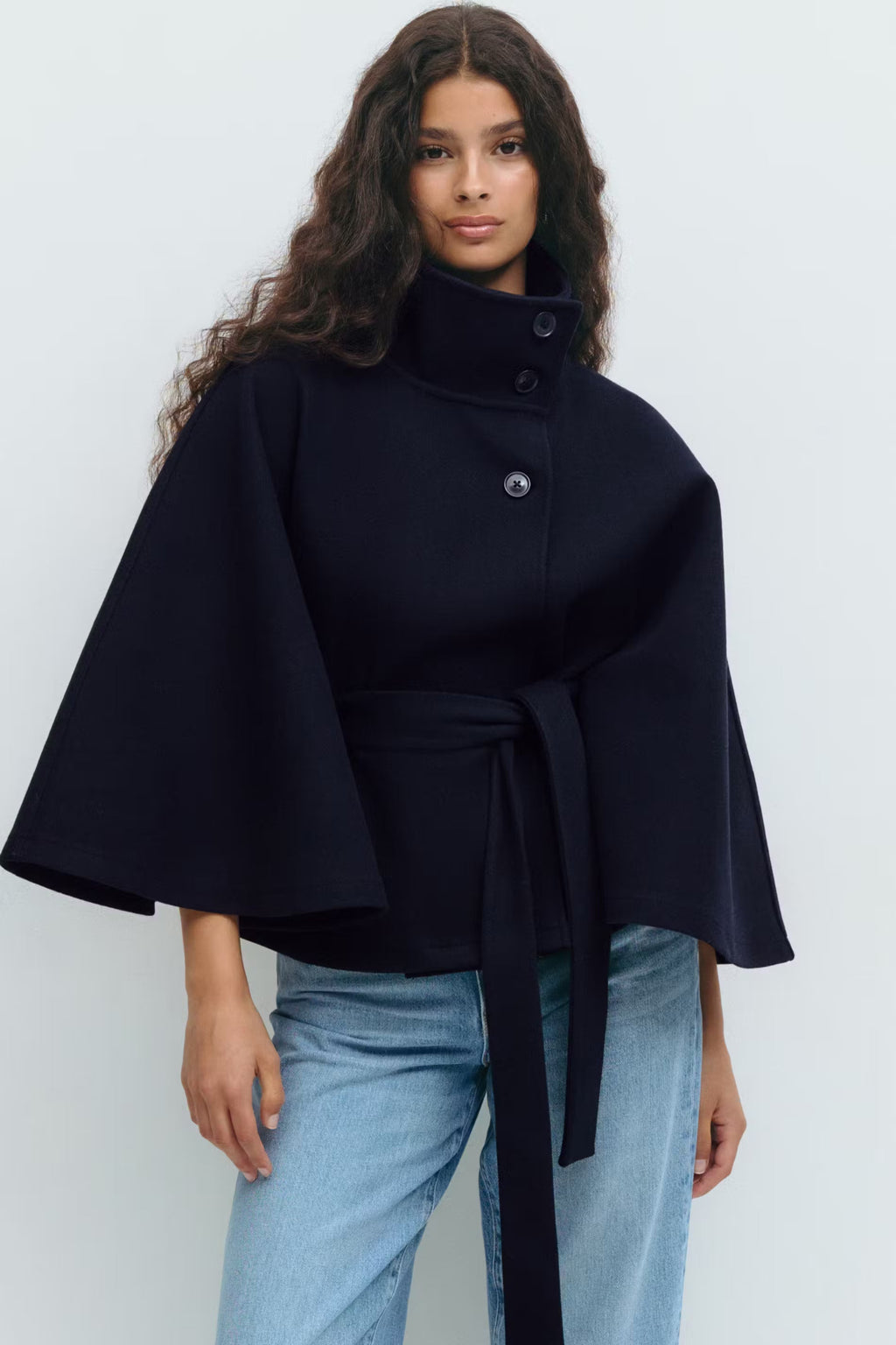Elegant Wool Jacket for Women with Funnel Neck Batwing Sleeve Belted Cape Style - Susan & Anne