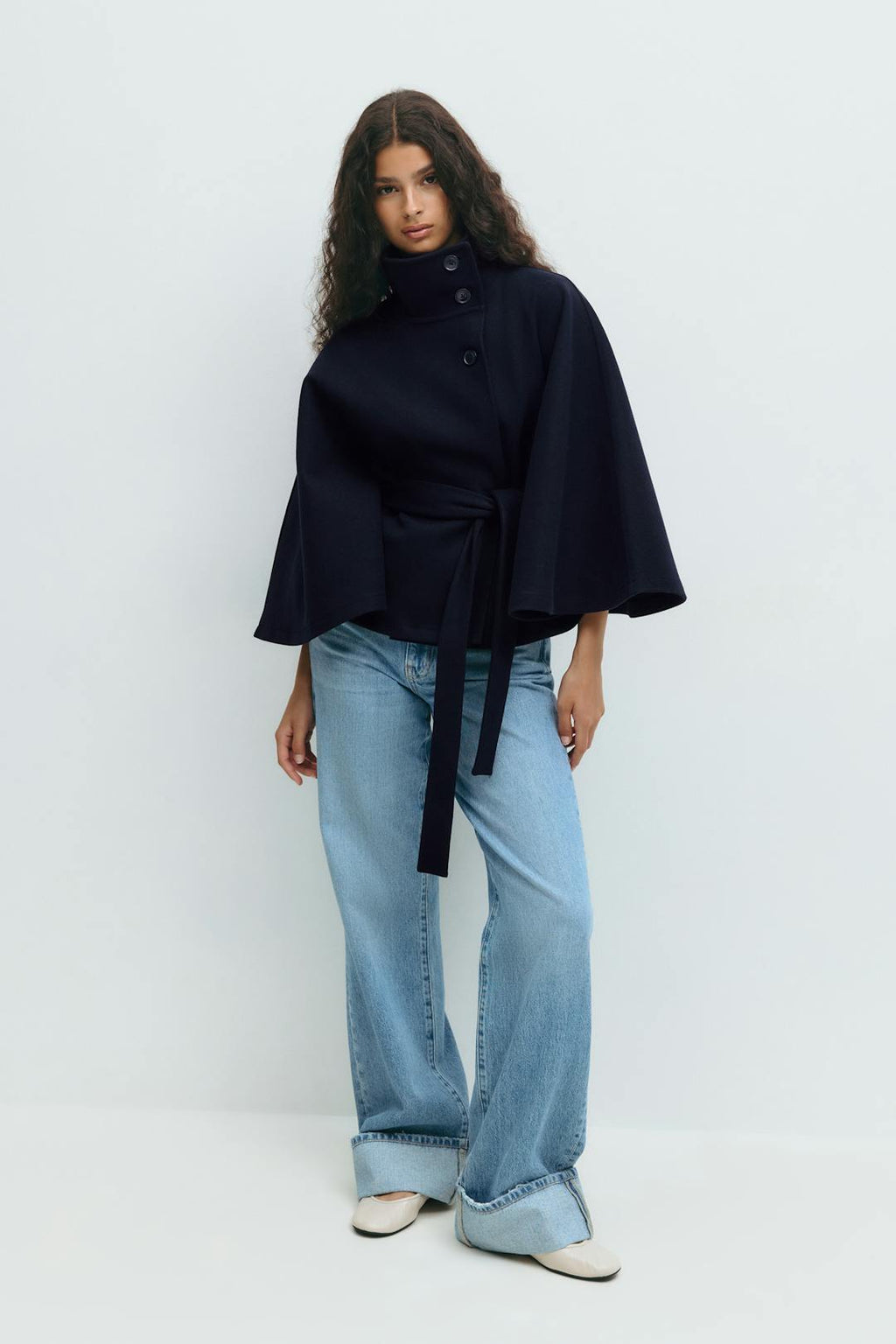 Elegant Wool Jacket for Women with Funnel Neck Batwing Sleeve Belted Cape Style - Susan & Anne