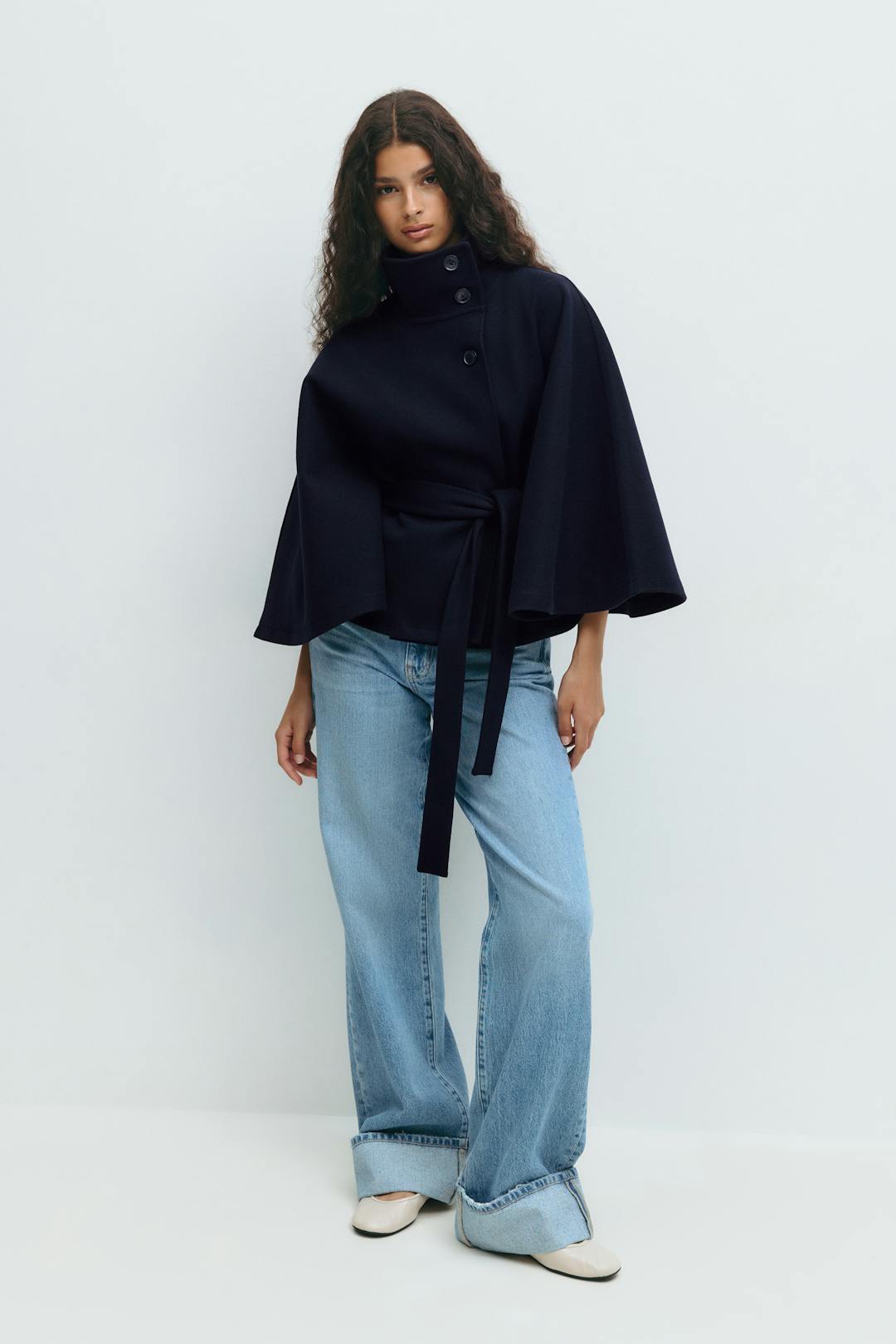 Elegant Wool Jacket for Women with Funnel Neck Batwing Sleeve Belted Cape Style - Susan & Anne