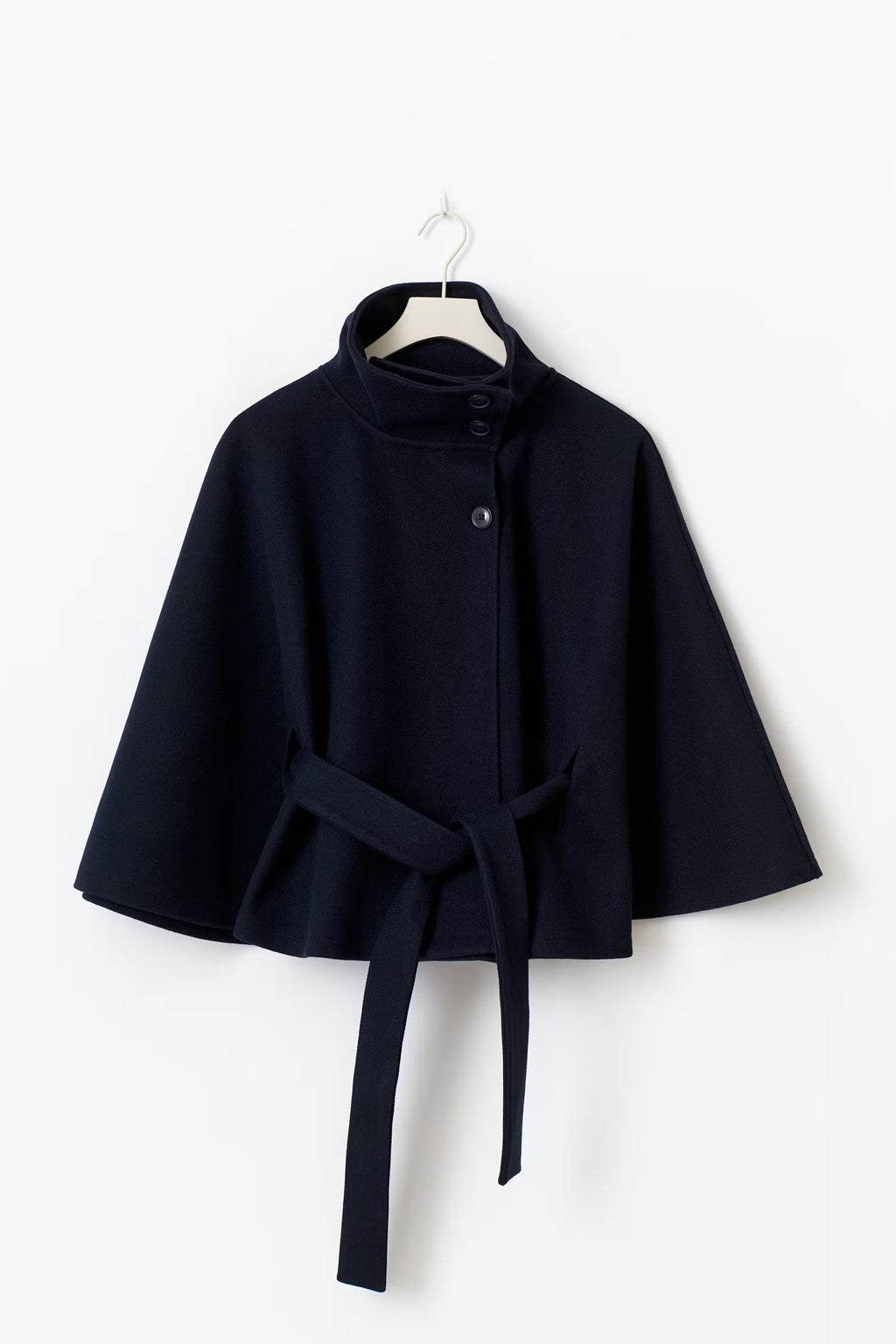 Elegant Wool Jacket for Women with Funnel Neck Batwing Sleeve Belted Cape Style - Susan & Anne