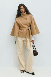 Elegant Wool Jacket for Women with Funnel Neck Batwing Sleeve Belted Cape Style - Susan & Anne