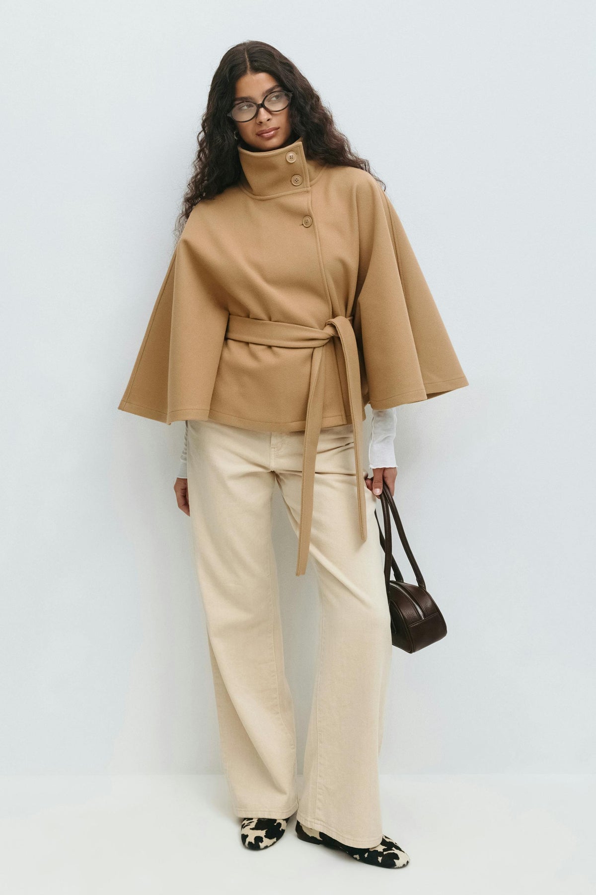 Elegant Wool Jacket for Women with Funnel Neck Batwing Sleeve Belted Cape Style - Susan & Anne