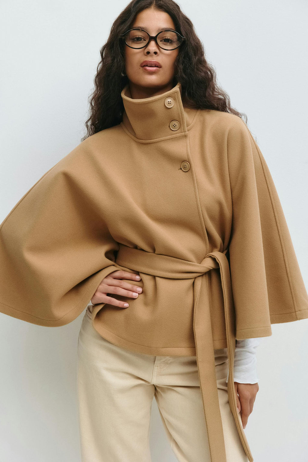Elegant Wool Jacket for Women with Funnel Neck Batwing Sleeve Belted Cape Style - Susan & Anne