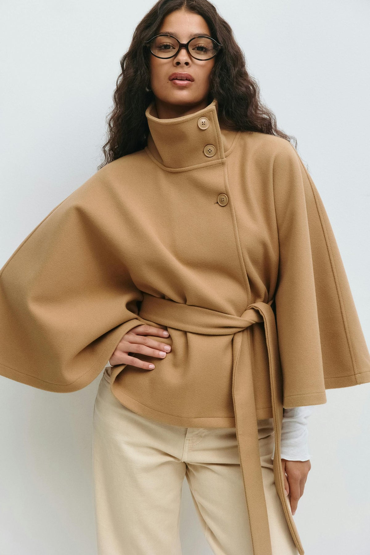 Elegant Wool Jacket for Women with Funnel Neck Batwing Sleeve Belted Cape Style - Susan & Anne