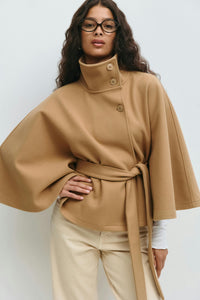 Elegant Wool Jacket for Women with Funnel Neck Batwing Sleeve Belted Cape Style - Susan & Anne