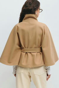 Elegant Wool Jacket for Women with Funnel Neck Batwing Sleeve Belted Cape Style - Susan & Anne
