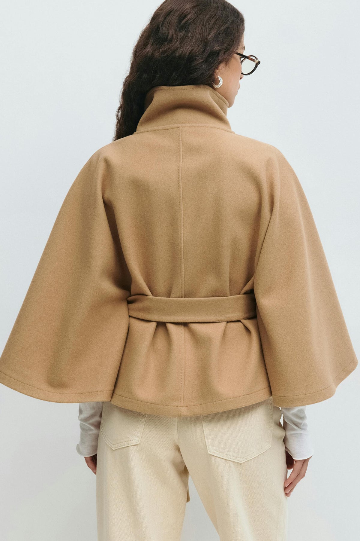 Elegant Wool Jacket for Women with Funnel Neck Batwing Sleeve Belted Cape Style - Susan & Anne