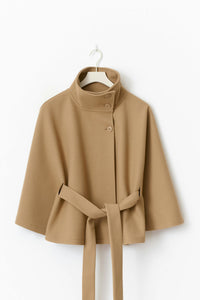 Elegant Wool Jacket for Women with Funnel Neck Batwing Sleeve Belted Cape Style - Susan & Anne