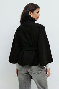 Elegant Wool Jacket for Women with Funnel Neck Batwing Sleeve Belted Cape Style - Susan & Anne