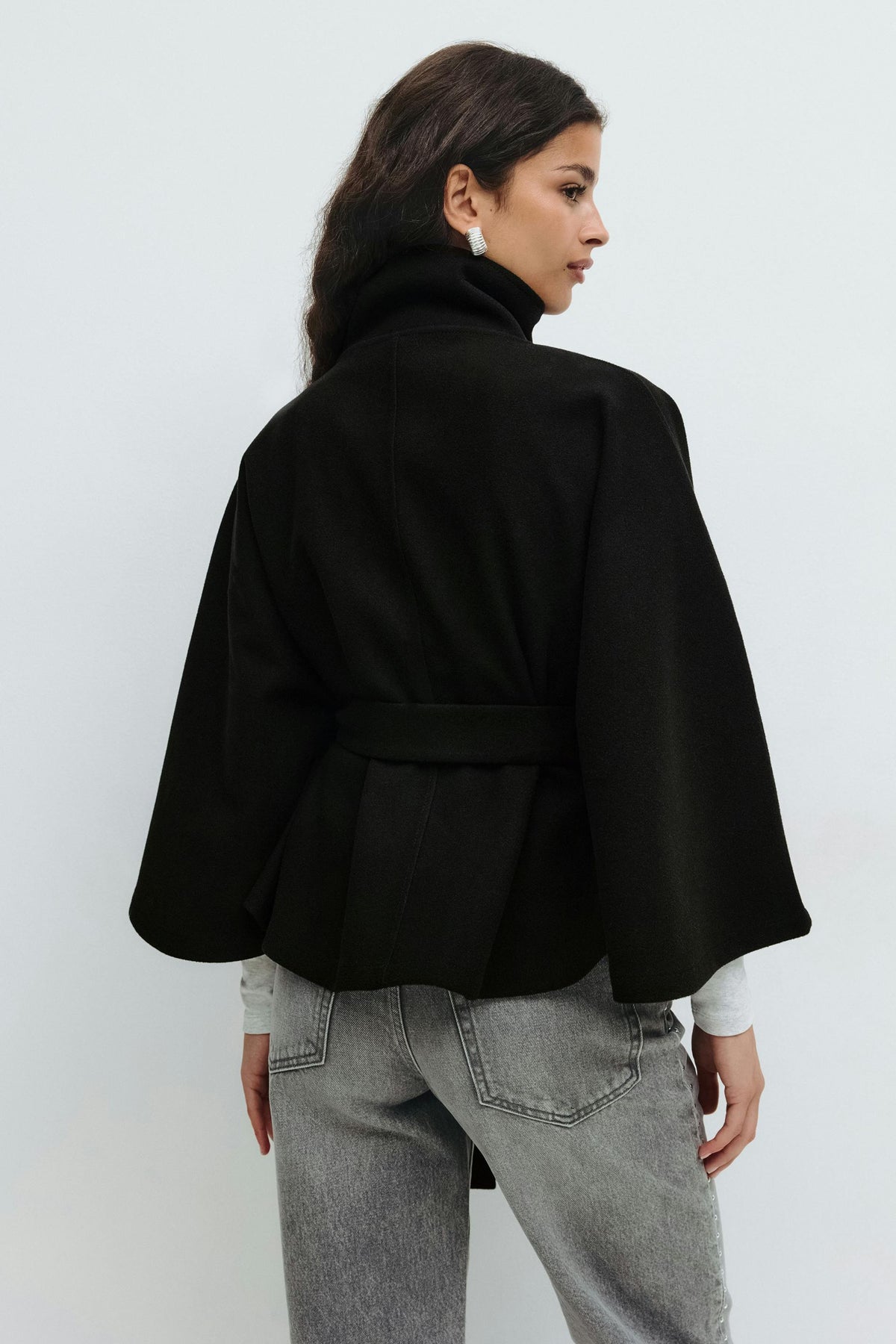 Elegant Wool Jacket for Women with Funnel Neck Batwing Sleeve Belted Cape Style - Susan & Anne