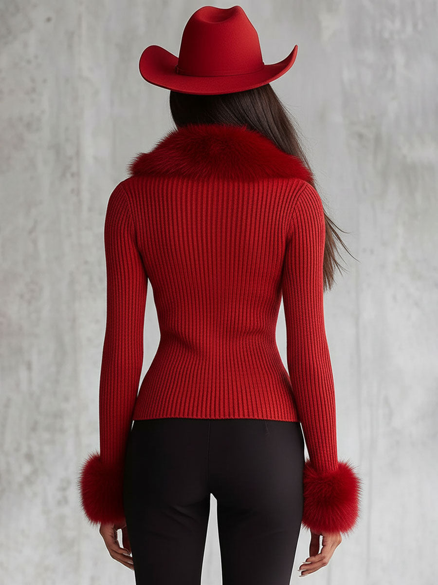 Detail of the lapel zipper faux fur collar knitted cardigan