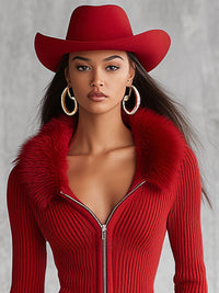 Back view of the lapel zipper faux fur collar knitted cardigan
