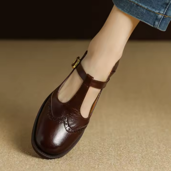 Nadine - Leather T-Strap Mary Jane Shoes Low Block Heel