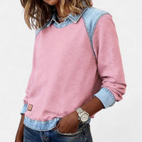 Effortless Denim Patchwork Sweatshirt for Women with Collared Raglan Long Sleeve Relaxed Casual Style - Susan & Anne
