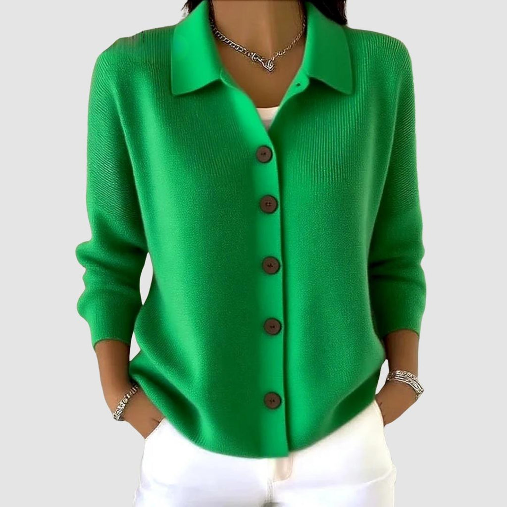 Woman wearing the alexandra button-up knit cardigan