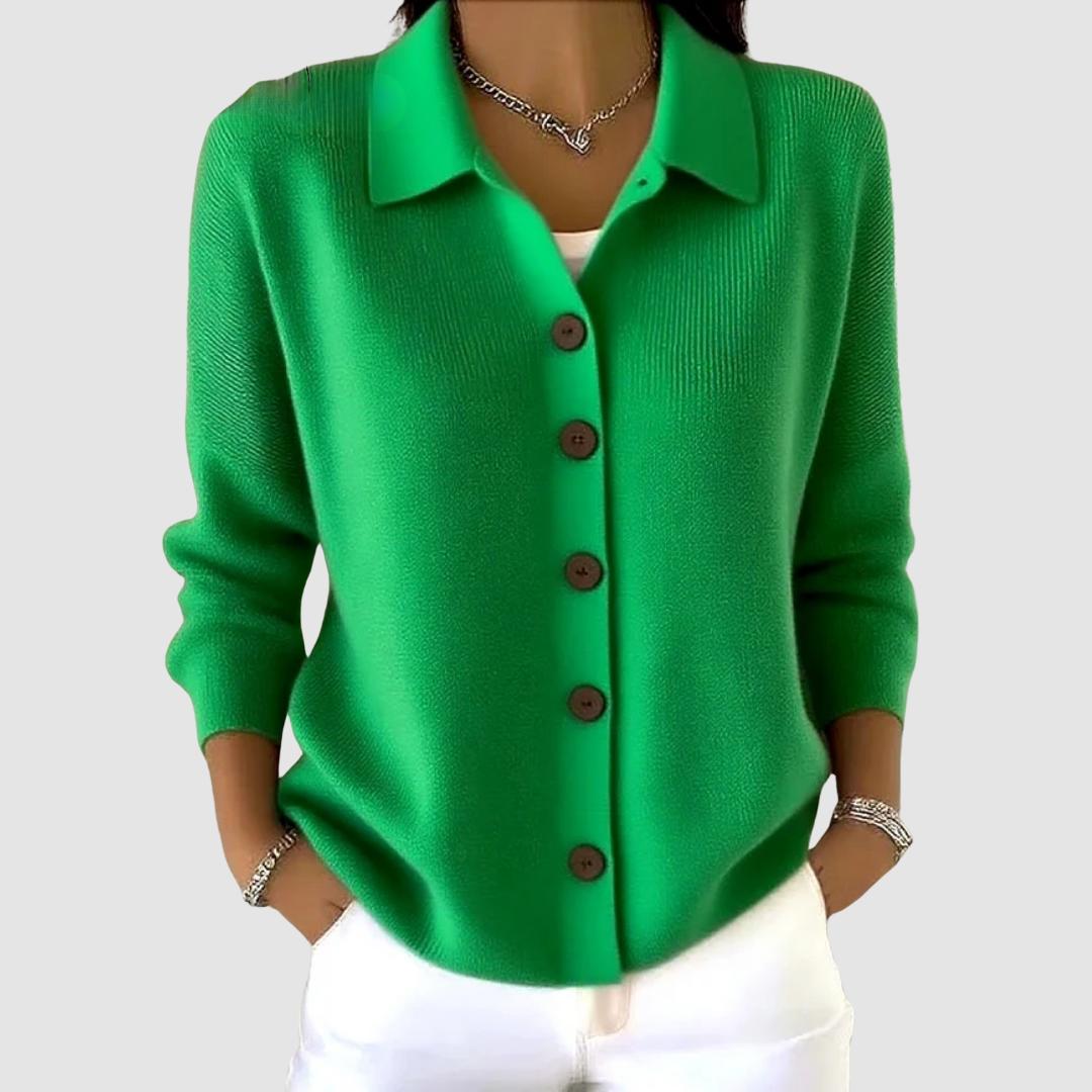 Woman wearing the alexandra button-up knit cardigan