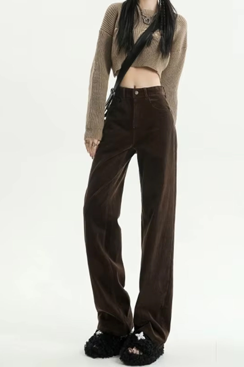 High Waist Retro Coffee Colors Corduroy Long Pants - view 2