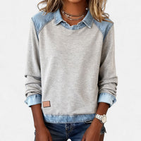 Effortless Denim Patchwork Sweatshirt for Women with Collared Raglan Long Sleeve Relaxed Casual Style - Susan & Anne