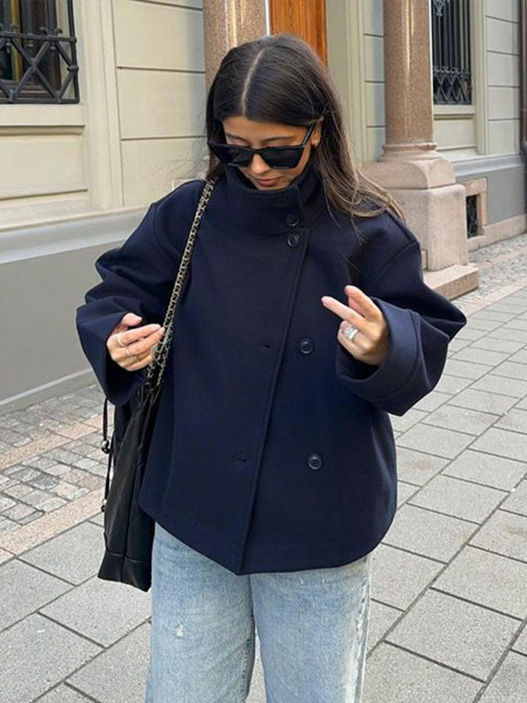 Elegant Wool Pea Coat for Women with Stand Collar Long Sleeve Oversized Button Front Winter Style - Susan & Anne