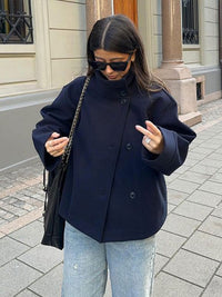 Elegant Wool Pea Coat for Women with Stand Collar Long Sleeve Oversized Button Front Winter Style - Susan & Anne