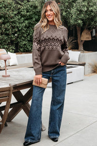 Western Geometric Crew Neck Knitted Sweater