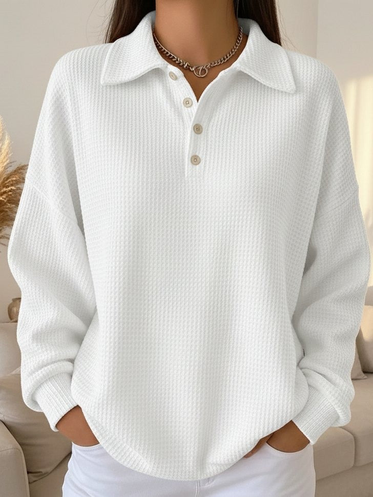 Close-up texture of the women's textured knit polo sweater oversized