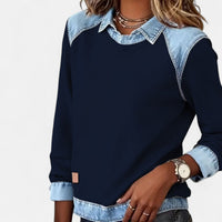 Effortless Denim Patchwork Sweatshirt for Women with Collared Raglan Long Sleeve Relaxed Casual Style - Susan & Anne