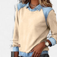 Effortless Denim Patchwork Sweatshirt for Women with Collared Raglan Long Sleeve Relaxed Casual Style - Susan & Anne