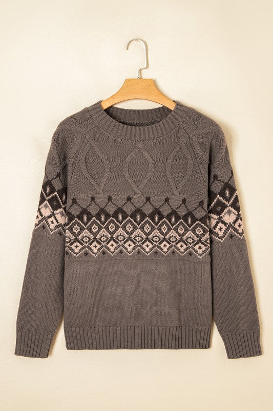 Western Geometric Crew Neck Knitted Sweater