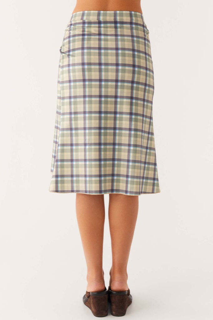 Back view of the plaid asymmetric midi skirt