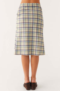 Back view of the plaid asymmetric midi skirt