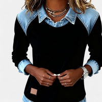 Effortless Denim Patchwork Sweatshirt for Women with Collared Raglan Long Sleeve Relaxed Casual Style - Susan & Anne