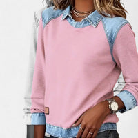 Effortless Denim Patchwork Sweatshirt for Women with Collared Raglan Long Sleeve Relaxed Casual Style - Susan & Anne