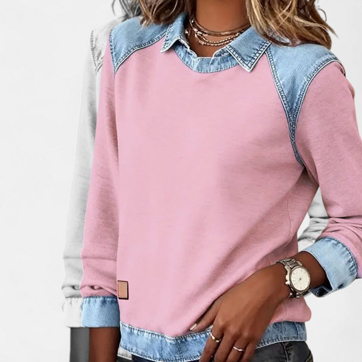 Effortless Denim Patchwork Sweatshirt for Women with Collared Raglan Long Sleeve Relaxed Casual Style - Susan & Anne