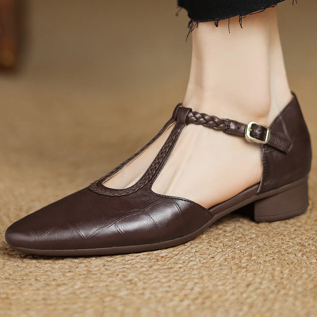 Margot - Leather T-Strap Mary Jane Flats Pointed Toe Flat
