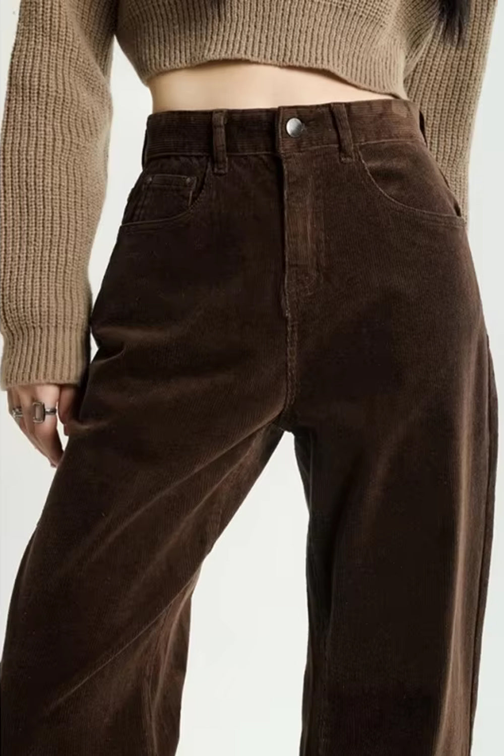 High Waist Retro Coffee Colors Corduroy Long Pants - view 1