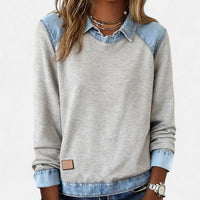 Effortless Denim Patchwork Sweatshirt for Women with Collared Raglan Long Sleeve Relaxed Casual Style - Susan & Anne