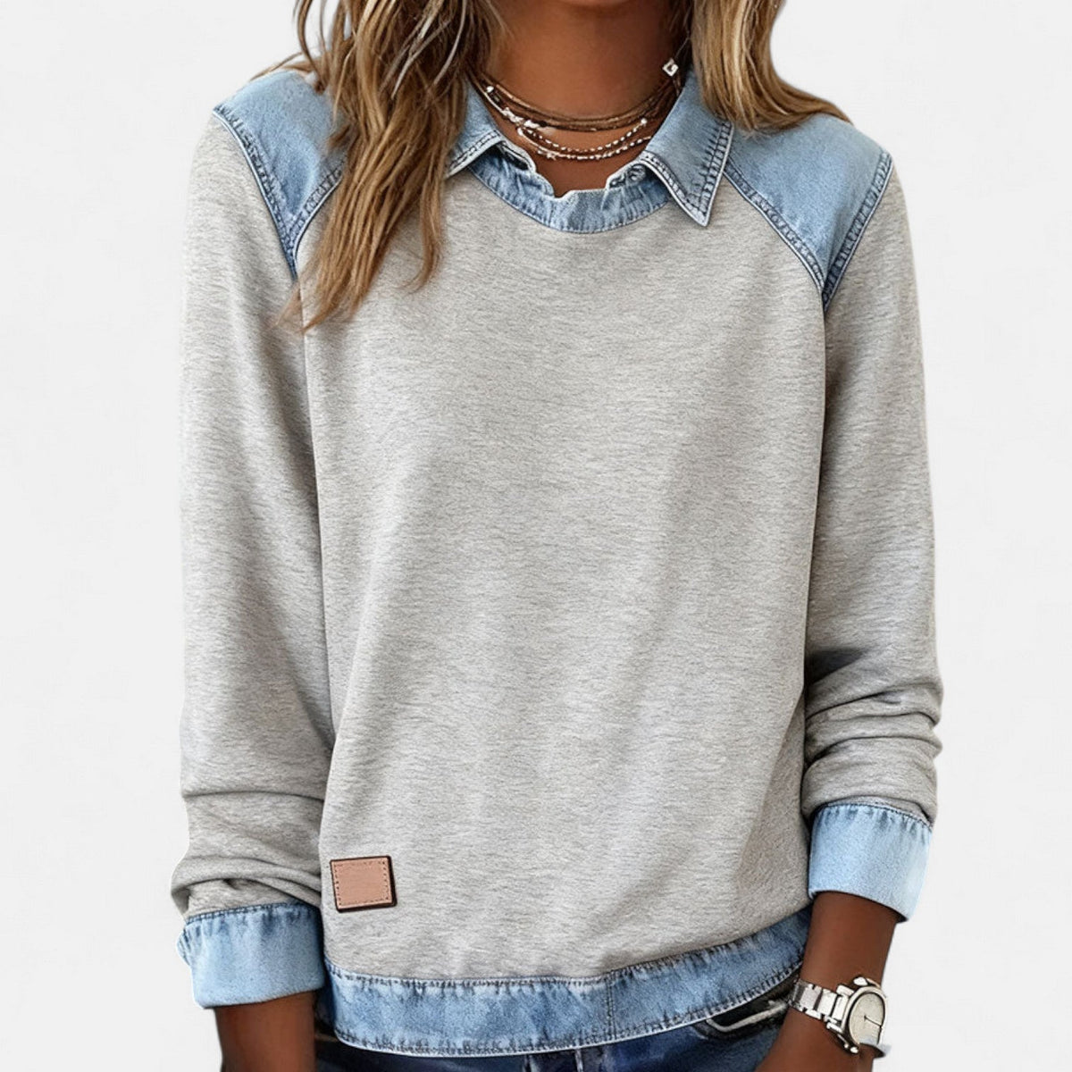 Effortless Denim Patchwork Sweatshirt for Women with Collared Raglan Long Sleeve Relaxed Casual Style - Susan & Anne