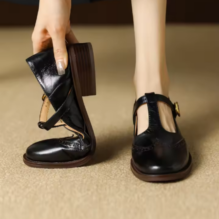 Nadine - Leather T-Strap Mary Jane Shoes Low Block Heel