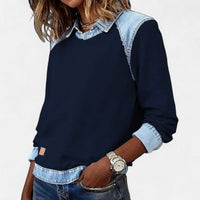 Effortless Denim Patchwork Sweatshirt for Women with Collared Raglan Long Sleeve Relaxed Casual Style - Susan & Anne