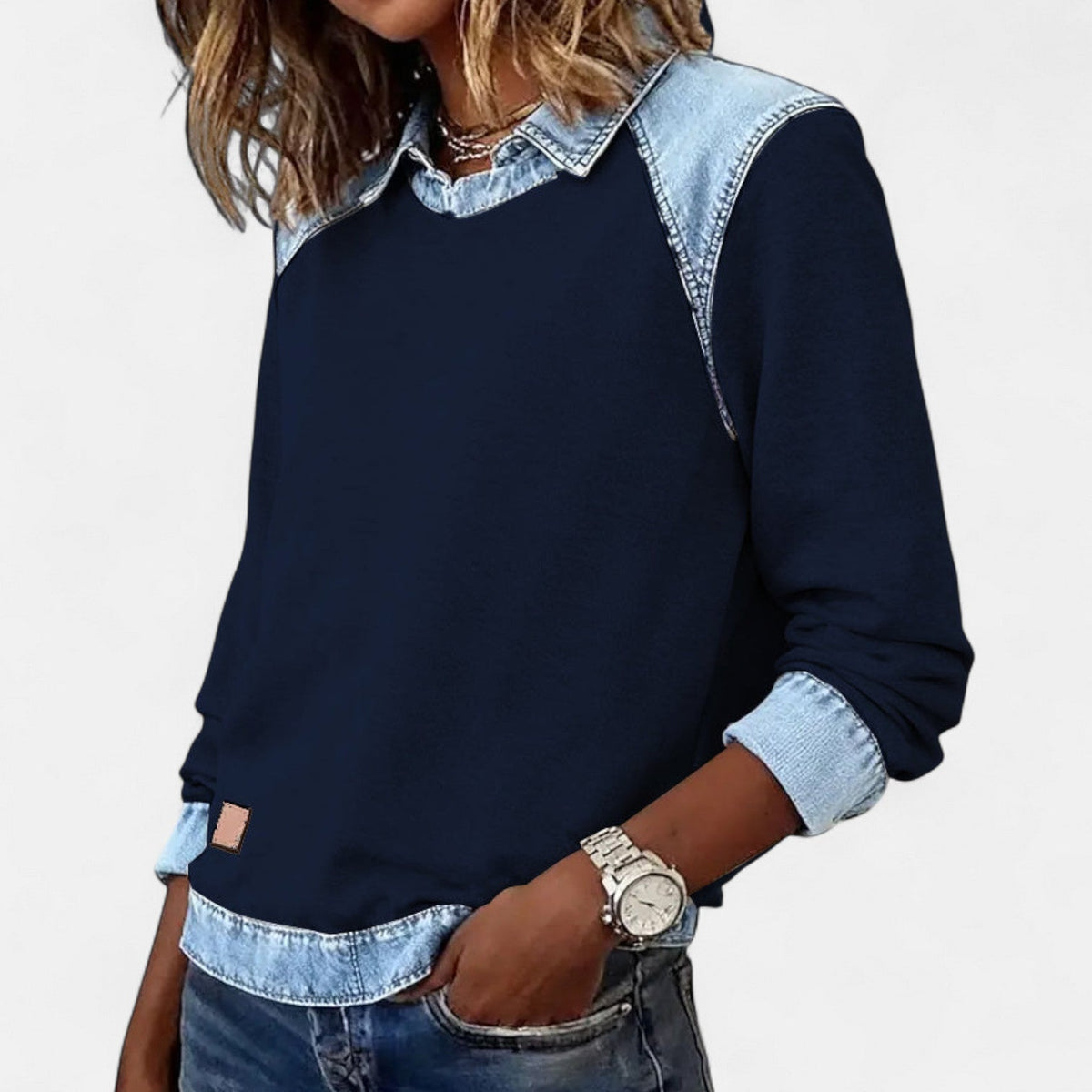 Effortless Denim Patchwork Sweatshirt for Women with Collared Raglan Long Sleeve Relaxed Casual Style - Susan & Anne