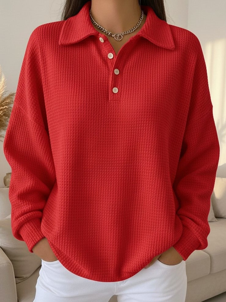 Back view of the women's textured knit polo sweater oversized