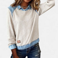 Effortless Denim Patchwork Sweatshirt for Women with Collared Raglan Long Sleeve Relaxed Casual Style - Susan & Anne