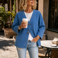Collarless Soft-Denim-Look Button-Down Cardigan - Susan & Anne