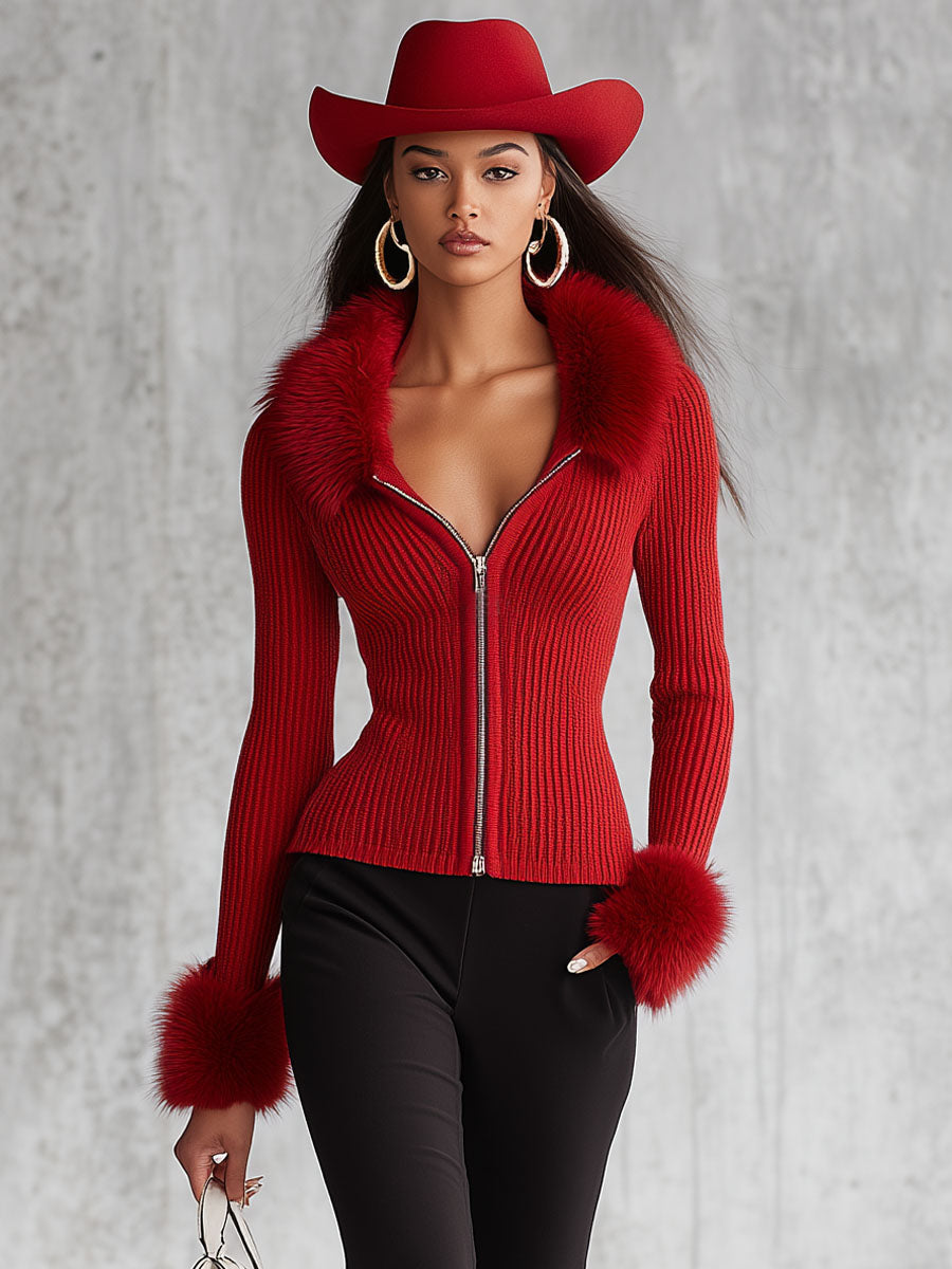Styled look with the lapel zipper faux fur collar knitted cardigan