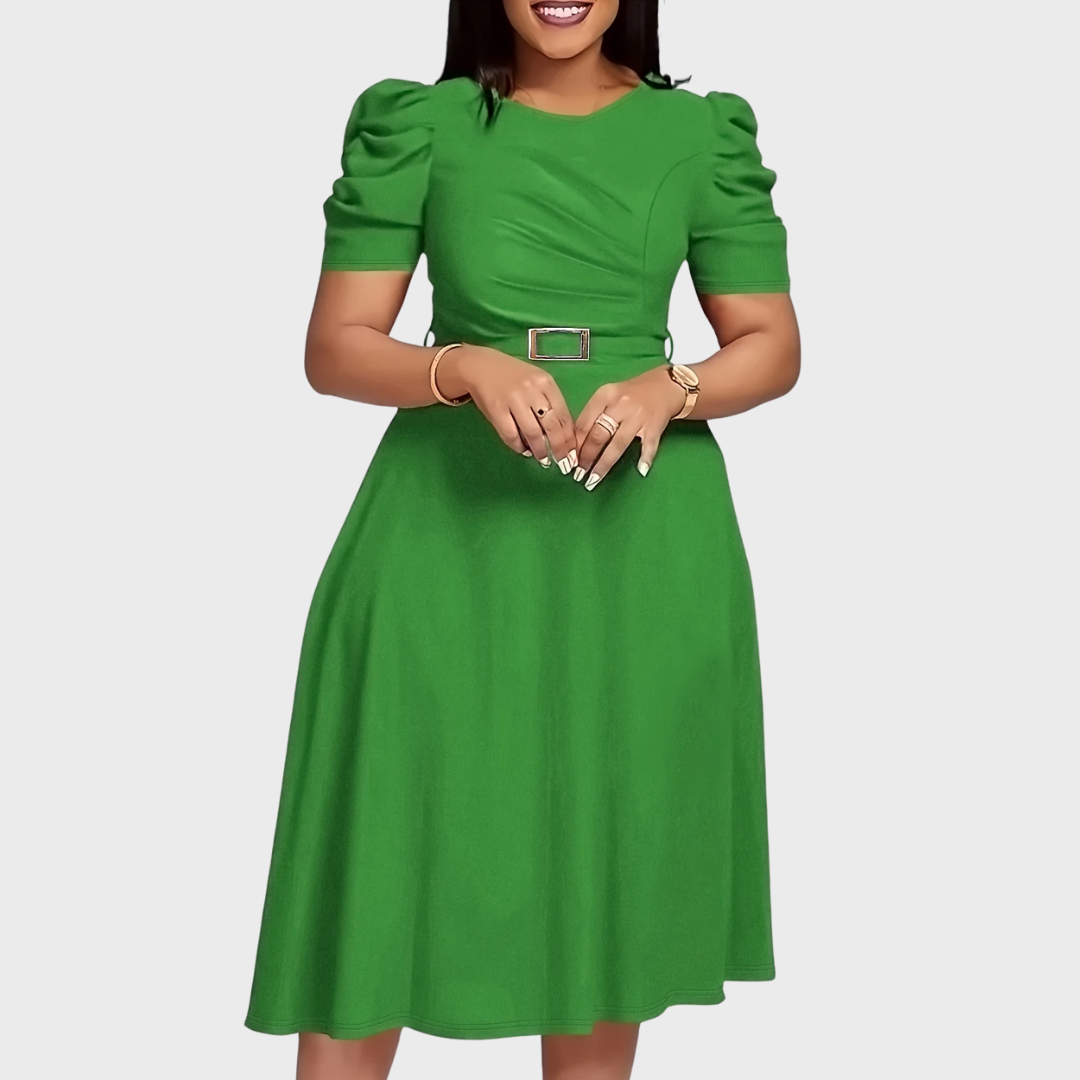 Side profile of the harriet bloom soft-touch ruched midi dress