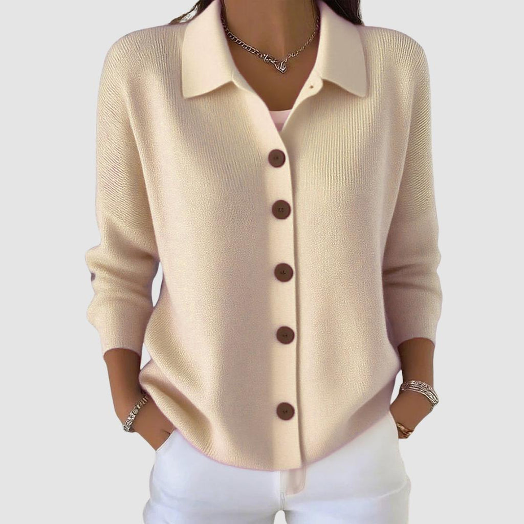 Back view of the alexandra button-up knit cardigan