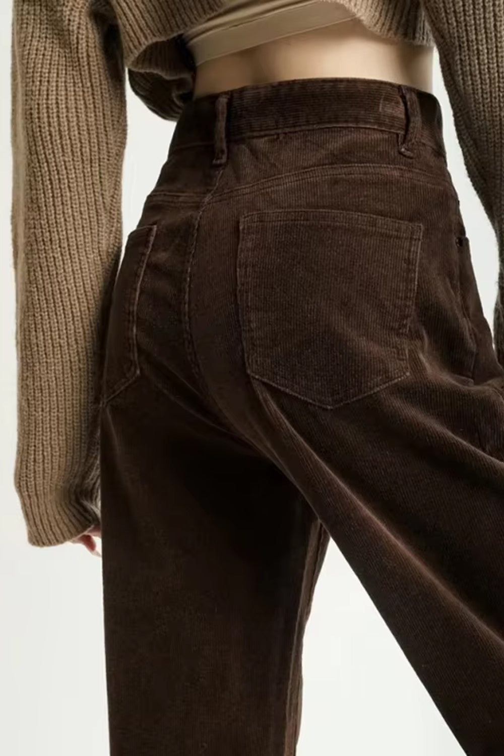High Waist Retro Coffee Colors Corduroy Long Pants - view 3